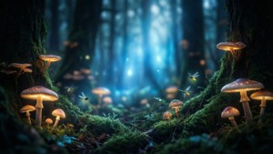 Mørk fantasy-vignett av en glødende fortryllet skog med sopp og ildfluer i mystisk blått lys