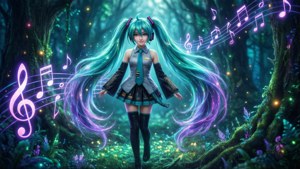 Hatsune Miku umgeben von leuchtenden Noten in einem magischen Wald