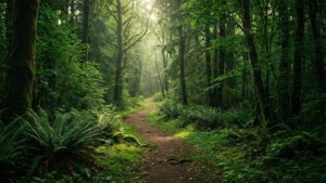 Un sentiero lussureggiante nella foresta con la luce del sole che filtra attraverso la volta degli alberi creando un'atmosfera magica.