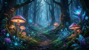 Fantasy-Digitalkunst eines leuchtenden verzauberten Waldes in der Dämmerung