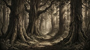 Carta da parati ispirata a Richard Ranft con un sentiero misterioso nel bosco, stile incisione intricata, toni seppia