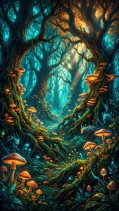 Levendig fantasy bosbehang met gloeiende paddenstoelen en magische wezens in tinten van groenblauw en amber.