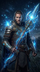 Fantasy-kriger med glødende fortryllet lanse under stjerneklar nattehimmel.