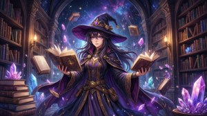 En magisk biblioteks anime-banner til uddannelses- og fantasykanaler