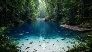 Sungai Ajaib Hinatuan yang mistis dengan air biru yang dalam.