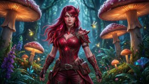 Ruby in a magical forest with glowing mushrooms and fireflies. — Ruby Fortnite Background