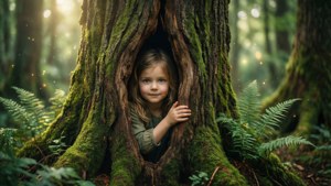 Un enfant se cache dans un tronc d'arbre creux dans une forêt enchantée lors d'un jeu magique de cache-cache.