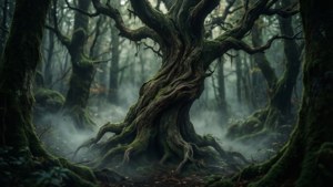 Fantasy tapet af en snoet træstamme i en tåget fortryllet skov med filmisk belysning