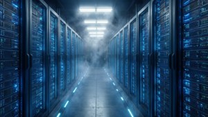 Futuristisk Encom-datacenter med glødende blå servere og langt perspektiv