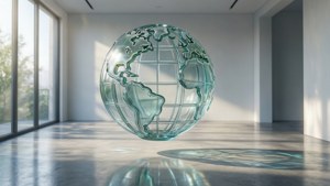 Eine transparente Encom-Glaskugel, die in einem sonnendurchfluteten minimalistischen weißen Raum schwebt