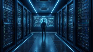 Een futuristische Encom-serverruimte met neonblauwe accenten en holografische gegevens