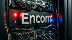 Close-up do logotipo da Encom em rack de servidor com luzes vermelhas e azuis, escuro.