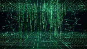 Une vue abstraite du cyberespace comme une matrice de code vert et de lignes de grille.