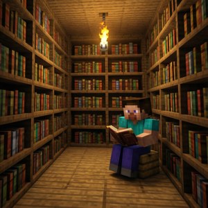 Et hyggeligt Minecraft-bibliotek med uendelige bogreoler, perfekt til uddannelsestema tapet