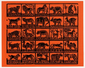 Endpaper with Animals by Johann Maisch, in woodcut in black on orange paper [restrike]. Download this artwork as a high-resolution wallpaper for desktop, tablet — Johann Maisch Wallpaper