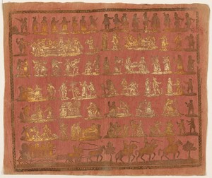 Endpaper with Peasant Wedding by Paul Reimund, created c. 1780, in woodcut in gold metallic ink on hand-washed rose paper. Download this artwork as a high-resol — Paul Reimund Wallpaper
