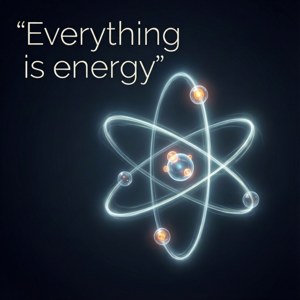 Uno sfondo dal design atomico pulito con una citazione di fisica.