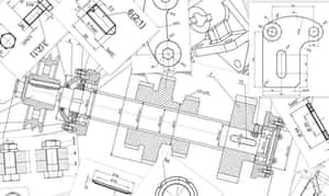 Collection of detailed mechanical engineering blueprints with measurements and shaded parts. — Technician Picture