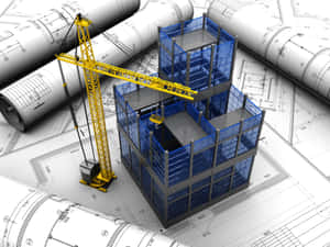 Yellow crane beside blue building model on architectural blueprints. — Engineering Background