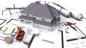 3D house model on architectural blueprints with furniture layout. — Engineering Background