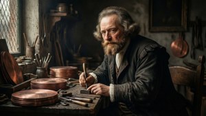 En stemningsfull fremstilling av Herman Jansz Muller på arbeid i studioet sitt