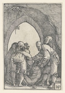 Entombment by Hans Sebald Beham, created ca. 1535, in Woodcut on paper. Download this artwork as a high-resolution wallpaper for desktop, tablet, or mobile. — Hans Sebald Beham Wallpaper