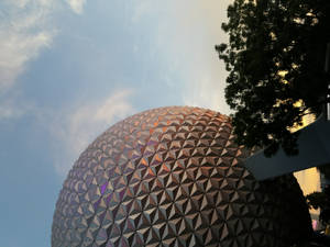 Geodesic sphere at Epcot glowing in sunset light with tree silhouette. — Sunset Sky Wallpaper