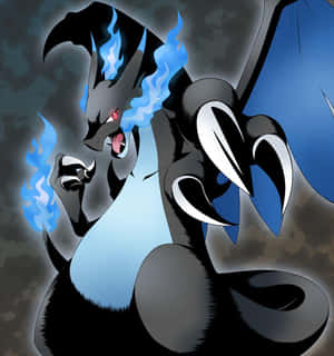 A dark anime dragon with blue flames roars against a stormy sky. — Epic Charizard Picture