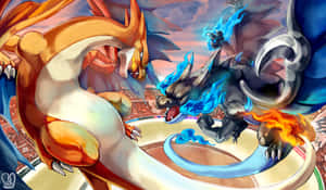 Two Pokémon one fiery orange one icy blue battle in a stadium — Epic Charizard Picture
