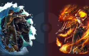 Trainer battles water and fire Pokémon in anime style — Epic Charizard Picture