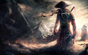 Samurai warrior with glowing sword standing in stormy battlefield ruins. — Epic Computer Picture