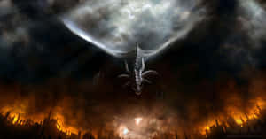 A dragon flies over a burning city at night with dark clouds above.