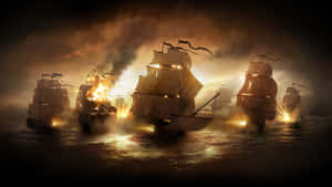 Naval battle with burning ships firing cannons in stormy seas at night. — Caribbean Desktop Picture