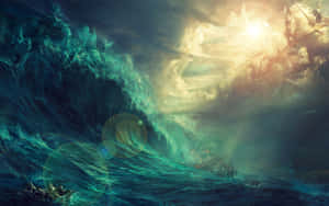 A knight on horseback fights sea monsters as a giant wave crashes under a golden sun.