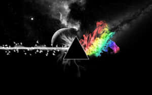 Black triangle divides monochrome space with a planet and rainbow nebula. — Epic Computer Picture