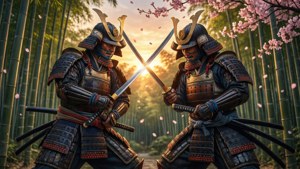 Two armored samurai duel with crossed swords under falling cherry blossoms at sunset. — Epic Wallpaper