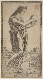 Erato by Master of the E-Series Tarocchi, created probably c. 1470, in engraving. Download this artwork as a high-resolution wallpaper for desktop, tablet, or m — Art Picture