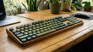 Teclado dividido de madera sobre escritorio de bambú con plantas, configuración ergonómica