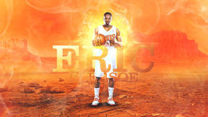 Jogador de basquete no deserto segurando bola com fundo laranja ardente e sobreposição de nome. — Eric bledsoe Papéis de Parede