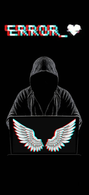 Figura encapuzada com laptop mostrando asas de anjo e texto com falhas. — Hackeando o Android Foto Papéis de Parede