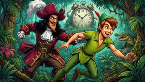 Action-packed chase scene with Hook and Peter Pan in the jungle.