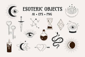 Set esoterischer Symbole, darunter Augen, Monde, Kristalle und Schlangen im minimalistischen Linienkunststil. — Ingenious Wallpaper