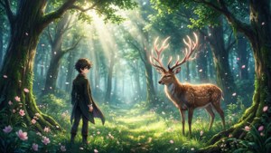 Louis in una foresta magica con fiori di ciliegio e luce solare.