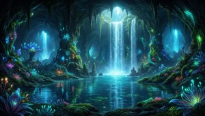 En eterisk underjordisk hule på Tangled Shore med glødende etervannfall