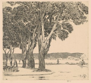Eucalyptus Trees by Childe Hassam, created 1927, in etching in black on wove paper. Download this artwork as a high-resolution wallpaper for desktop, tablet, or — Art Picture