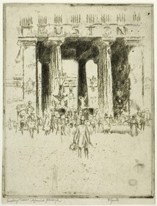Euston by Joseph Pennell, created 1886, in Etching on ivory wove thick paper. Download this artwork as a high-resolution wallpaper for desktop, tablet, or mobil — Illustration Wallpaper
