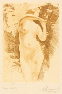 Eve by Albert Besnard, created 1896, in etching in yellow on laid paper. Download this artwork as a high-resolution wallpaper for desktop, tablet, or mobile. — Albert Besnard Wallpaper