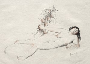 Eve by Jean Veber, created c. 1885–1928, in lithograph, hand colored. Download this artwork as a high-resolution wallpaper for desktop, tablet, or mobile. — Jean Veber Wallpaper