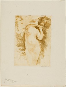 Eve by Albert Besnard, created 1896, in Etching and drypoint in bistre ink on ivory laid paper. Download this artwork as a high-resolution wallpaper for desktop — Illustration Wallpaper