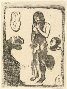 Eve by Paul Gauguin, created 1898-1899, in woodcut on Japan paper. Download this artwork as a high-resolution wallpaper for desktop, tablet, or mobile. — Painting Picture
